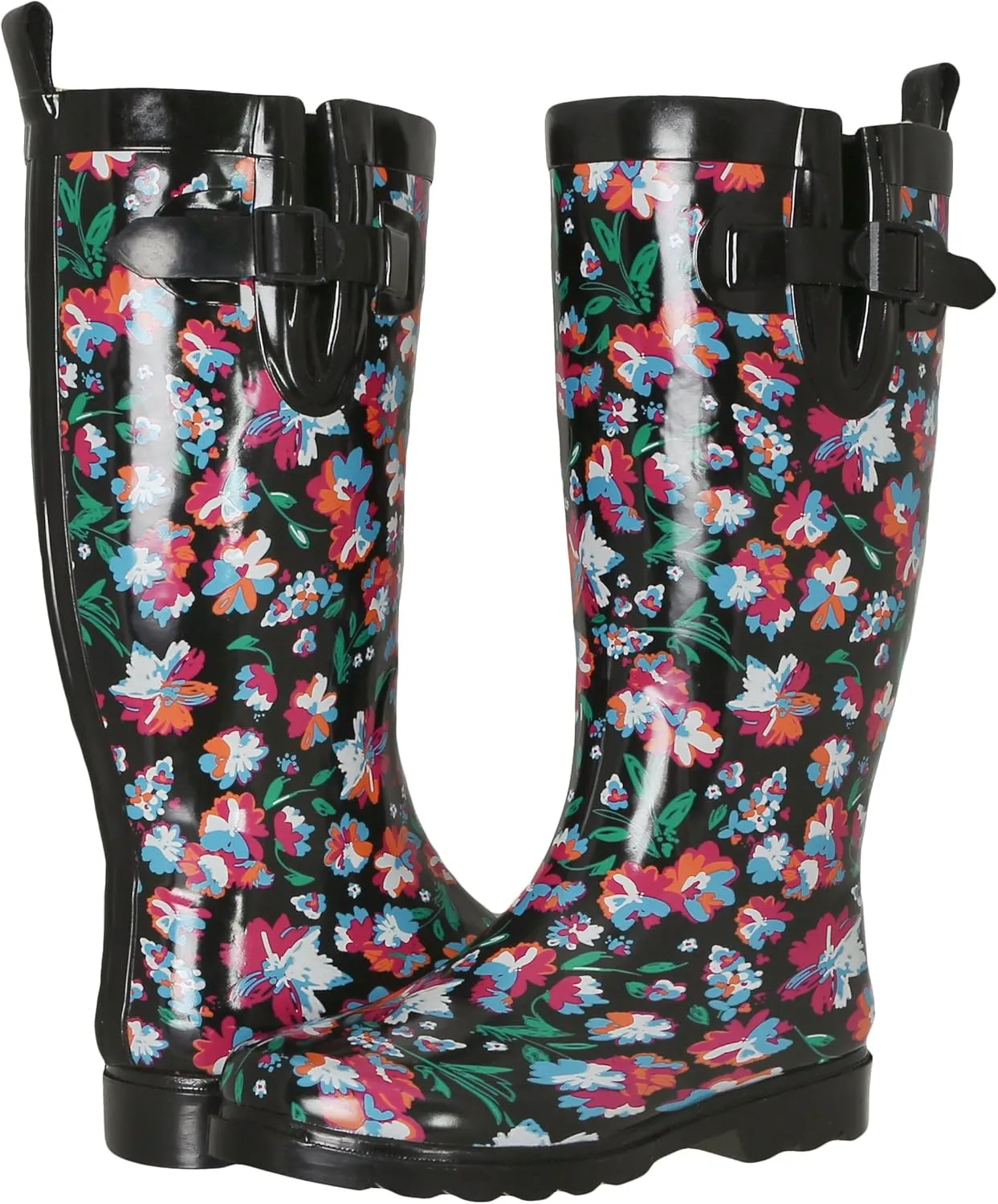 Capelli New York Ladies Shiny Tall Rubber Cozy Lined Rain Boots Floral Printed Black Combo Size 10